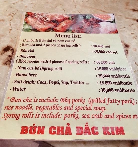 The menu at Bun Cha Nem Cua Be Dac Kim