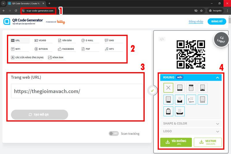 Tạo mã QR thông qua website QR code generator