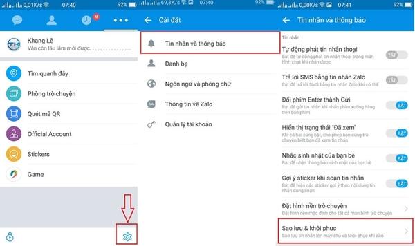 Chọn vào phần Sao lưu và khôi phục của Zalo