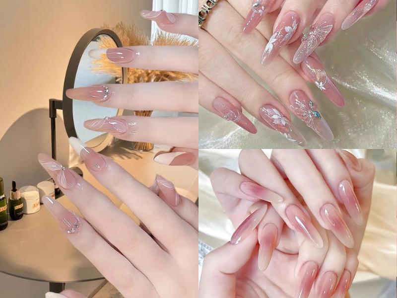 Nail cô dâu màu hồng móng dài