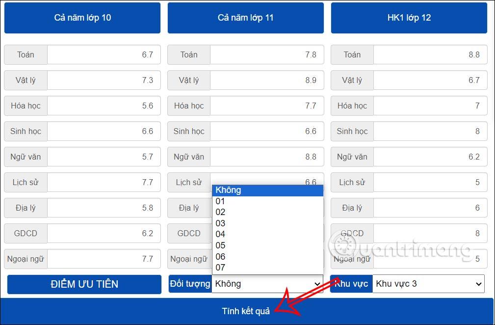 Điểm xét tuyển học bạ THPT