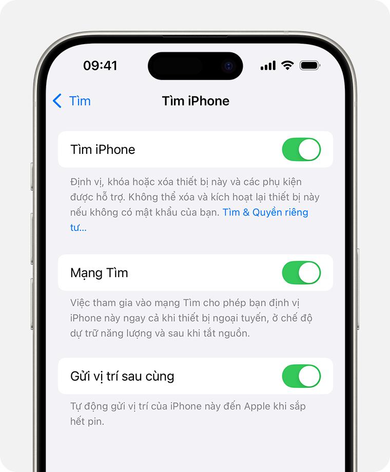 Màn hình iPhone hiển thị các tùy chọn cài đặt của ứng dụng Tìm