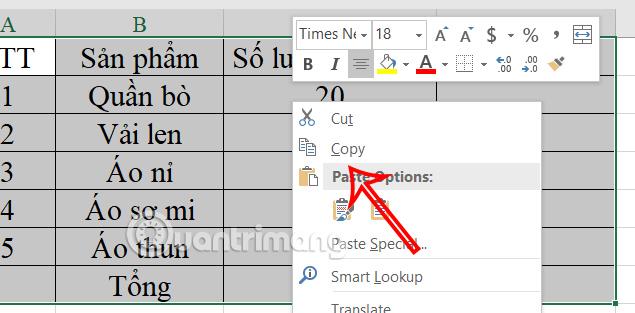 Chọn Paste Options Excel