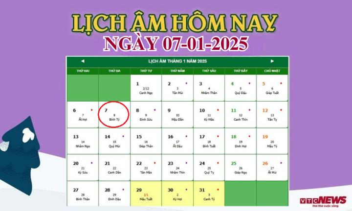 Xem lịch âm hôm nay ngày 7/1/2025.